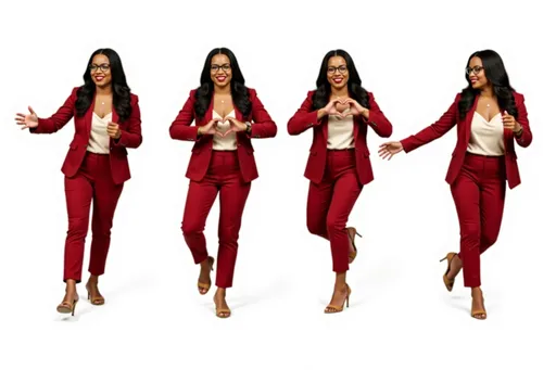 Prompt: photorealistic businesswoman female bb7579e5 with long black hair, glasses, red suit, cream top, necklace, open-toe sandals Multiple instances of the same character in different poses on a white background. The character is shown: Dancing: mid-dance move, arms and legs in rhythmic motion, joyful expression. Making a heart shape: hands forming a heart shape in front of the chest, warm smile. Kicking: one leg extended in a kicking motion, arms for balance, determined look. Walking: mid-stride, one foot in front of the other, natural arm swing, casual pose. Background: Clean white background, providing a pristine backdrop. Ample space between poses. Character design consistent across all poses. Arrange poses in a visually pleasing composition across the image.