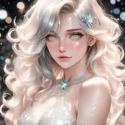 Prompt: A beautiful woman with opalescent hair, gray eyes, and glittery skin, wearing a white dress.