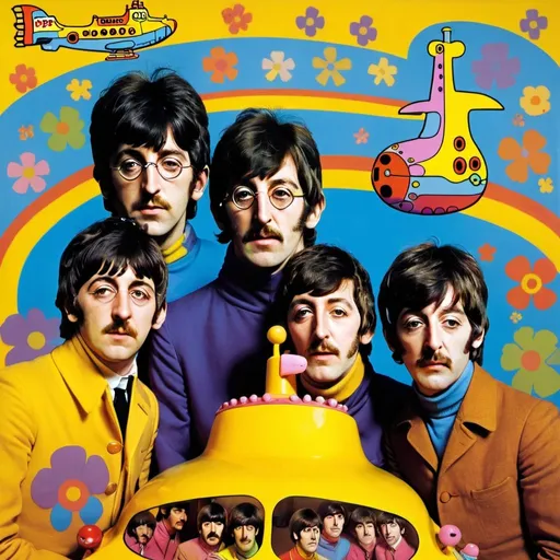 Prompt: Beatles on Yellow Submarine