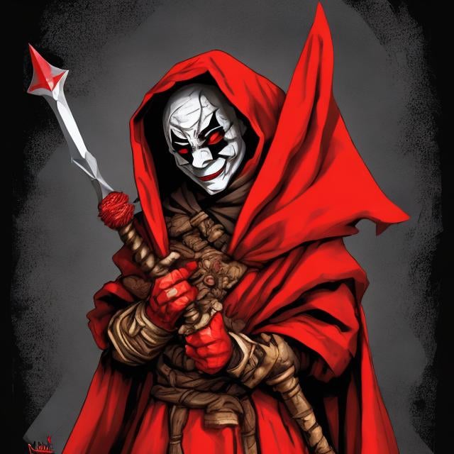 Prompt: Masked jester, holding daggers, hiding in the shadows. Digital art. Red and black clothing.