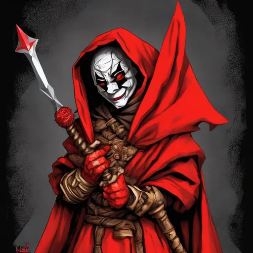 Prompt: Masked jester, holding daggers, hiding in the shadows. Digital art. Red and black clothing.