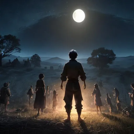 Prompt: The grateful villagers emerged from the shadows, their eyes reflecting a mix of awe and gratitude. Hideo, acknowledging their unspoken thanks, disappeared into the night, his figure blending seamlessly with the moonlit landscape.