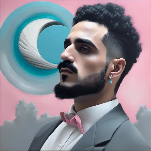 Prompt: <mymodel> A surreal portrait painting in pastel blue, grey and turquoise shows a in 3/4 poisition, wearing a long pink dress holding up a white circular piece of paper. heroic, triumph, Surreal landscape in the style of Salvador Dali and Max Ernst and René Magritte.