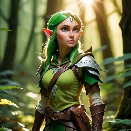 Prompt: Elf ranger in a mystical forest around sunlight