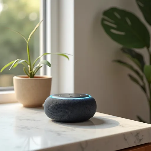 Prompt: a smart speaker like alexa placed on a countertop