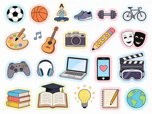 Prompt: 🎨 Sticker Sheet: Hobbies & Pasatiempos

Estilo general

Ilustración plana (flat design)

Bordes gruesos tipo sticker

Colores vivos pero suaves

Fondo blanco

Aspecto “cute / kawaii” y cohesivo

🏀 Sports & Physical Activities

Stickers:

Pelota de fútbol

Pelota de básquet

Persona haciendo yoga

Zapatillas para correr

Mancuerna

Bicicleta

🎨 Arts & Creativity

Stickers:

Paleta de pintura con pincel

Notas musicales

Guitarra

Cámara fotográfica

Máscaras de teatro

Lápiz creativo con estrellas

🎮 Technology & Entertainment

Stickers:

Control de videojuegos

Audífonos

Laptop

Smartphone

Visor de realidad virtual

Claqueta de cine

📚 Reading & Learning

Stickers:

Pila de libros

Libro abierto

Birrete de graduación

Bombilla (idea/aprendizaje)

Cuaderno con lápiz

Globo terráqueo