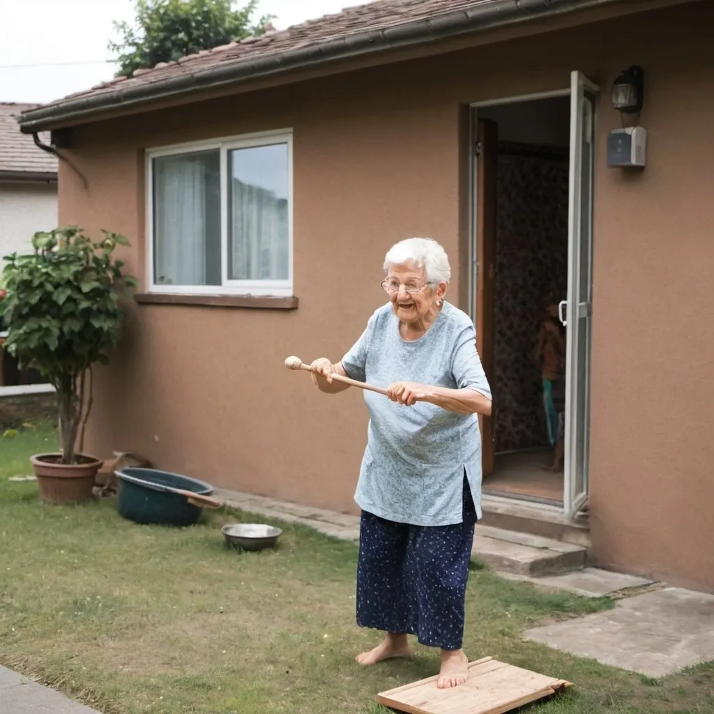 Prompt: a grandma playing out side her house