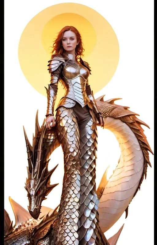 Prompt: Regal pale woman in body-fitting armor, sun-kissed silhouette, dragon arching behind her, metallic and iridescent armor, detailed dragon scales, high-res, fantasy, regal, pale skin, fiery silhouette, detailed armor, iridescent, dragon arch, intense lighting