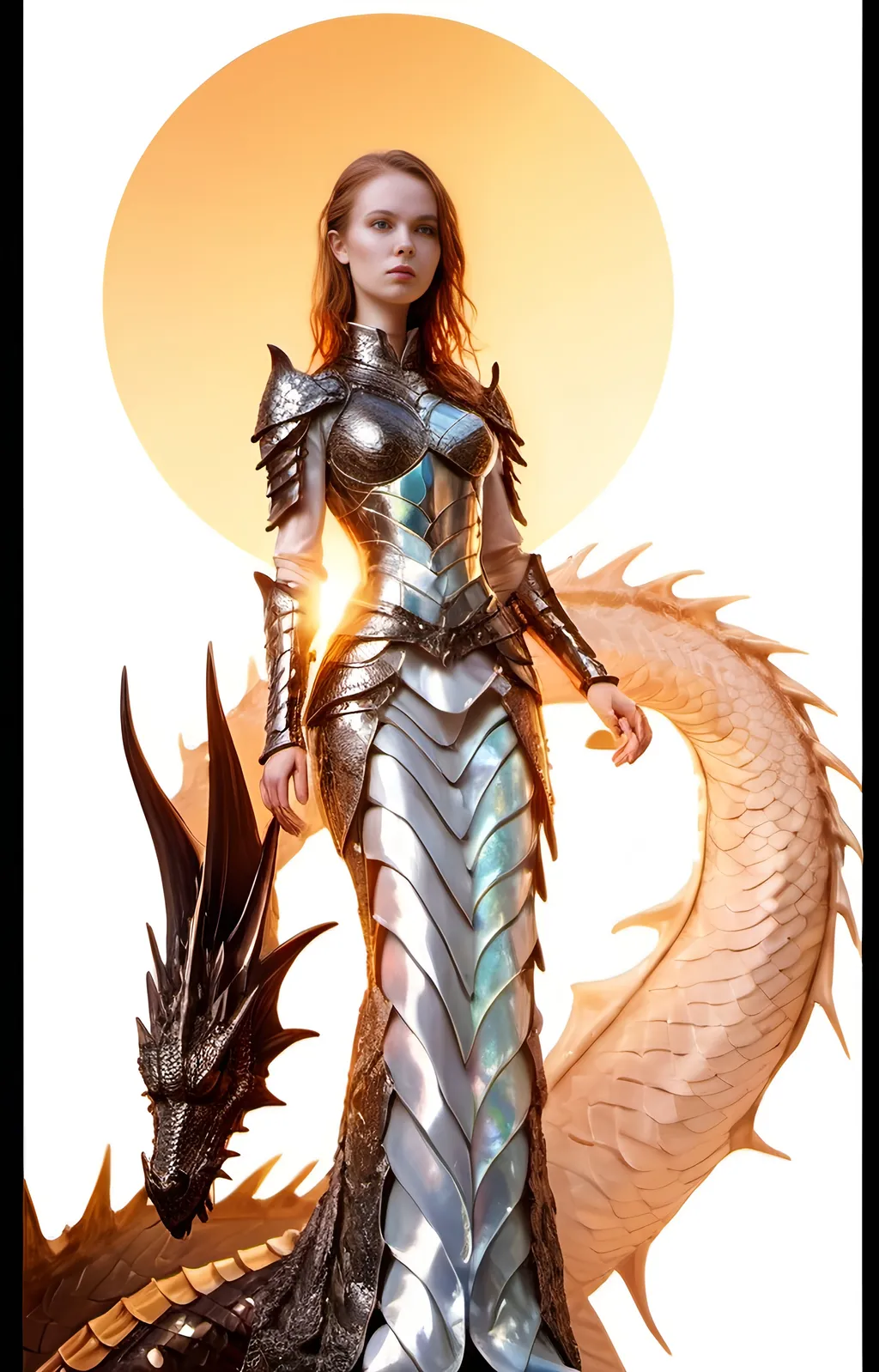 Prompt: Regal pale woman in body-fitting armor, sun-kissed silhouette, dragon arching behind her, metallic and iridescent armor, detailed dragon scales, high-res, fantasy, regal, pale skin, fiery silhouette, detailed armor, iridescent, dragon arch, intense lighting