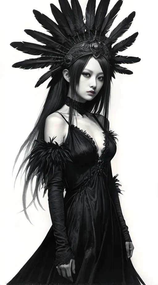 Prompt: a woman in a black dress with a large feathered headpiece and a black dress with a black dress, Ayami Kojima, gothic art, dark fantasy art, a charcoal drawing