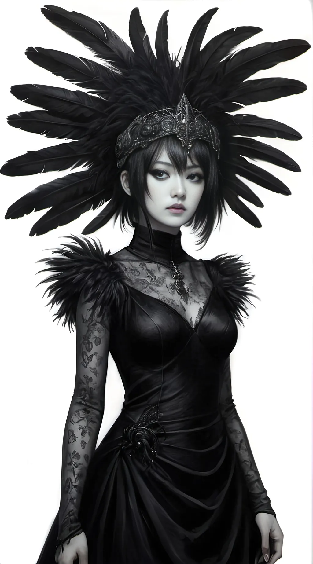 Prompt: a woman in a black dress with a large feathered headpiece and a black dress with a black dress, Ayami Kojima, gothic art, dark fantasy art, a charcoal drawing