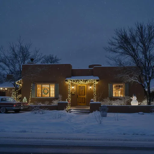 Prompt: An image of the outside of a north-western pueblo style New Mexico home in december (winter) 1960s Christmas, please include some snow on the ground, era appropriate car and decorations, night with an overcast sky, no christmas tree outside, only things like snowman and christmas light, preferably white lights