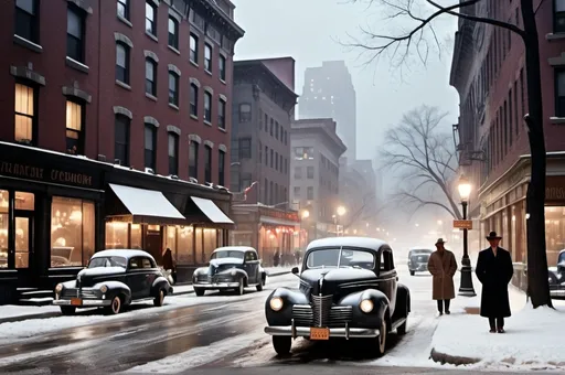 Prompt: Late night New York city 1940s, winter, snowy