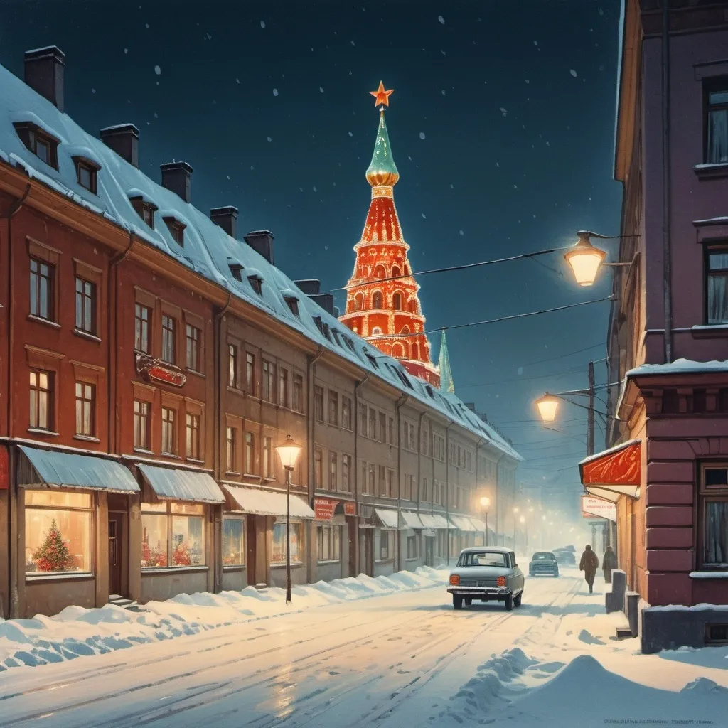 Prompt: Christmas in the Soviet Union 1980s, snow at night time