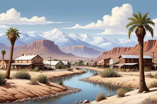 Prompt: Semi-arid river valley, with an western american style town along the river with snow capped mountains on both sides of the valley. add desert palm trees in the town. realistic painting