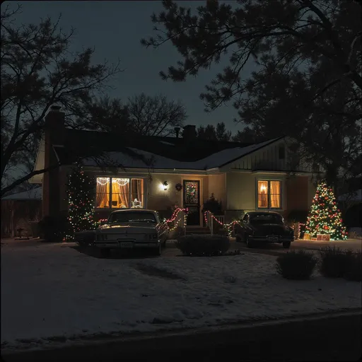 Prompt: An image of the outside of a north-western New Mexico home in december (winter) 1960s Christmas, please include some snow on the ground, era appropriate car and decorations, night with an overcast sky 