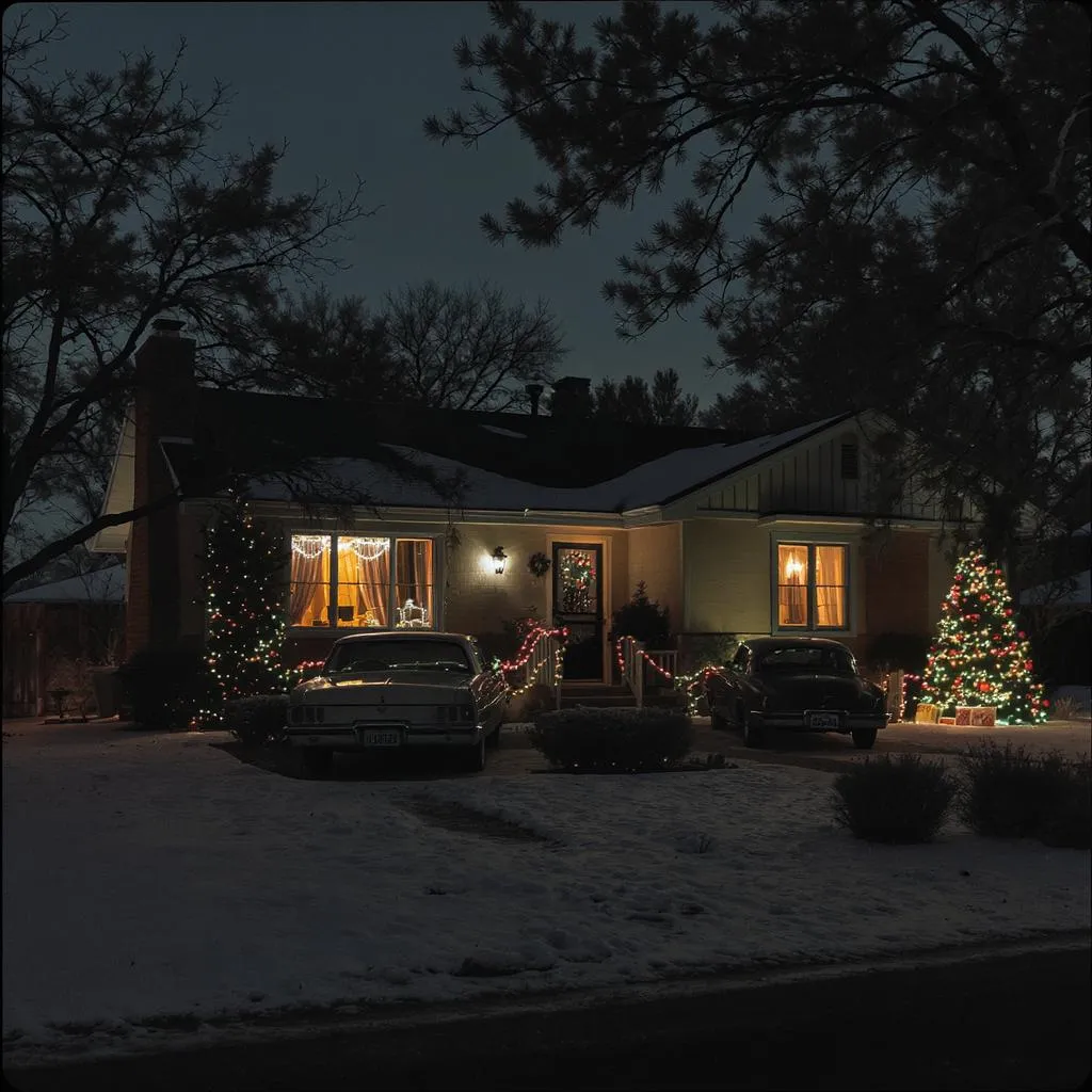 Prompt: An image of the outside of a north-western New Mexico home in december (winter) 1960s Christmas, please include some snow on the ground, era appropriate car and decorations, night with an overcast sky 