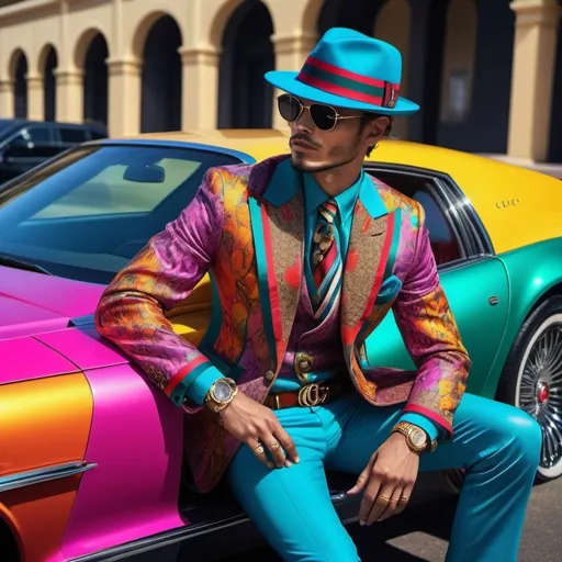 Prompt: Vibrant, high fashion man in colorful supercharged car, bold and vivid colors, luxury materials, detailed designer Gucci hat, large cigarette, high quality, luxurious, vibrant fashion, multicolored supercharged car, opulent, extravagant, colorful, stylish, high contrast lighting