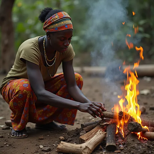 Prompt: A Kenyan woman cooking using firewood with no background