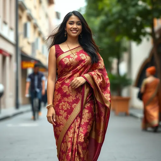 Prompt: (full body happy modern stylish curvy Filipina pretty woman) (different colour dress) inspired by  saree, intricate golden small wine floral pattern designed, silk garments, Walking down the street. Detailed clothing, photorealistic, crisp quality image