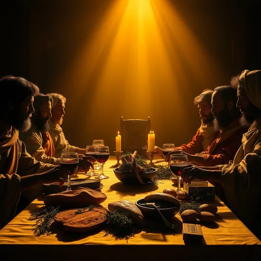 Prompt: (Central concept: Christ Passover) dramatic representation, vibrant colors, rich golden hues, (spiritual ambiance) reverent and somber mood, detailed depictions of the Last Supper scene, intricate textures, shadows casting over the table, artisanal bread, wine, and herbs, high-definition imagery, cinematic lighting capturing the emotional weight and significance of the moment.