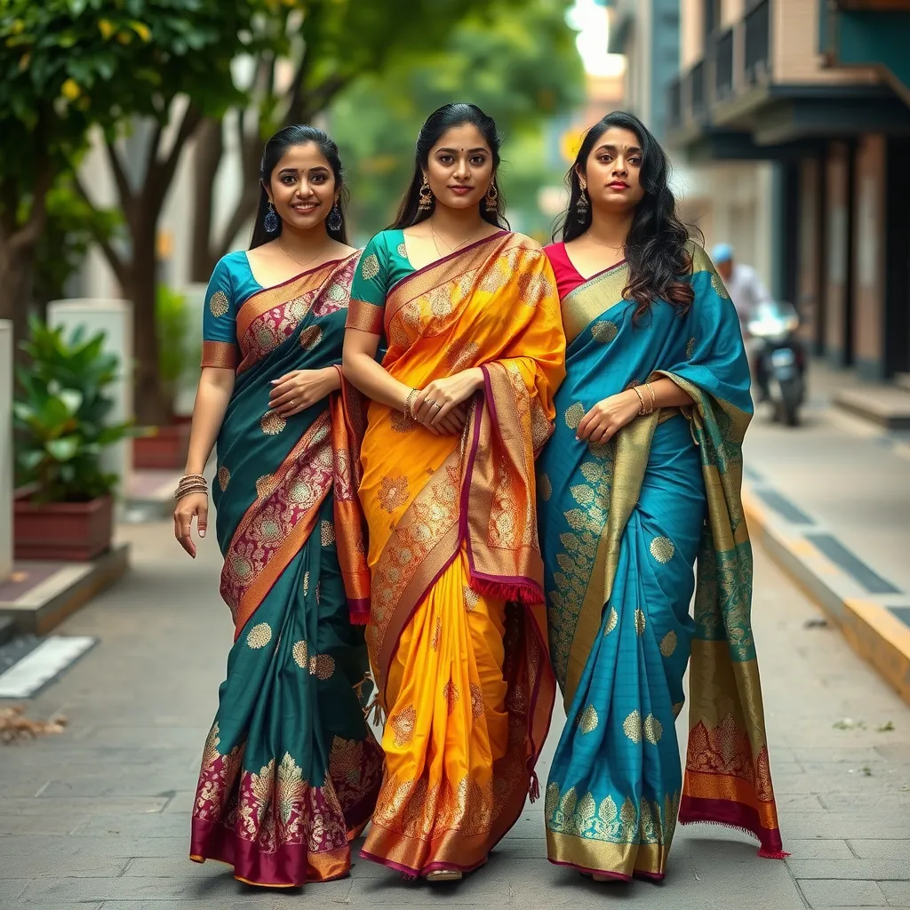 Prompt: (full body happy modern stylish curvy south Indian women) (different colour dress) inspired by south Indian saree, intricate golden small wine floral pattern designed, silk garments, Walking down the street. Detailed clothing, photorealistic, crisp quality image