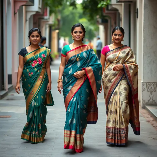 Prompt: (5 full body curvy south Indian woman) (different dress) inspired by south Indian saree, intricate feather and small floral pattern designed, silk garments, Walking down the street. Detailed clothing