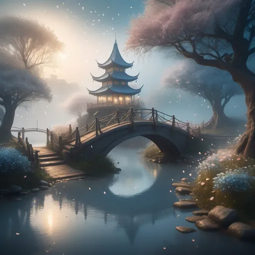 Prompt: small settlement, foggy, bridge and river, dramatic fantasy settlement scene, cinematic lighting, ultra sharp, crisp, gold light flare in foggy back ground, intricate detail, falling blossom petals,