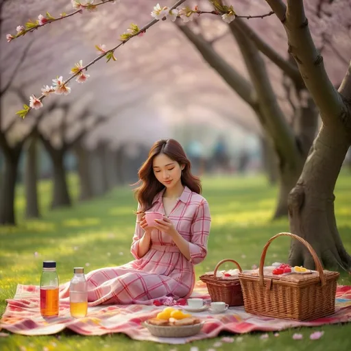 Prompt: Underneath the delicate pink canopy of a cherry blossom tree, a woman is arranging a picnic on a vibrant yellow and red checkered blanket. The gentle breeze causes a few cherry blossoms to drift down, adding a soft, floral touch to the scene. The woman, dressed in a casual, light-colored dress, carefully places a wicker basket filled with fresh fruit, sandwiches, and a bottle of sparkling water on the blanket. Nearby, a couple of colorful cushions and a thermos of tea complete the setup. The ground is speckled with fallen petals, and the air is filled with the sweet scent of blooming flowers. The sun filters through the branches, casting a warm, dappled light over the picturesque setting.