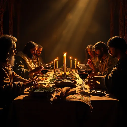 Prompt: (Central concept: Christ Passover) dramatic representation, vibrant colors, rich golden hues, (spiritual ambiance) reverent and somber mood, detailed depictions of the Last Supper scene, intricate textures, shadows casting over the table, artisanal bread, wine, and herbs, high-definition imagery, cinematic lighting capturing the emotional weight and significance of the moment.