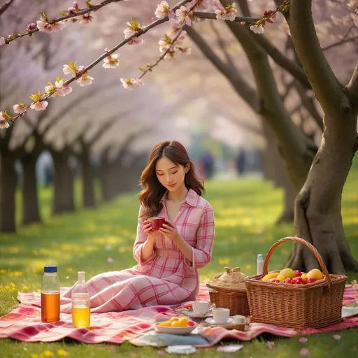 Prompt: Underneath the delicate pink canopy of a cherry blossom tree, a woman is arranging a picnic on a vibrant yellow and red checkered blanket. The gentle breeze causes a few cherry blossoms to drift down, adding a soft, floral touch to the scene. The woman, dressed in a casual, light-colored dress, carefully places a wicker basket filled with fresh fruit, sandwiches, and a bottle of sparkling water on the blanket. Nearby, a couple of colorful cushions and a thermos of tea complete the setup. The ground is speckled with fallen petals, and the air is filled with the sweet scent of blooming flowers. The sun filters through the branches, casting a warm, dappled light over the picturesque setting.