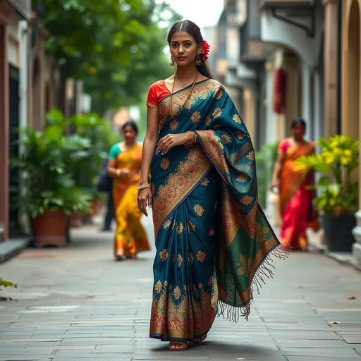 Prompt: (5 full body girl) (different dress) inspired by south Indian silk saree, intricate feather and small floral pattern designed, silk garments, Walking down the street. Detailed clothing