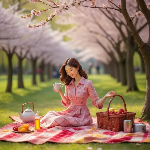 Prompt: Underneath the delicate pink canopy of a cherry blossom tree, a woman is arranging a picnic on a vibrant yellow and red checkered blanket. The gentle breeze causes a few cherry blossoms to drift down, adding a soft, floral touch to the scene. The woman, dressed in a casual, light-colored dress, carefully places a wicker basket filled with fresh fruit, sandwiches, and a bottle of sparkling water on the blanket. Nearby, a couple of colorful cushions and a thermos of tea complete the setup. The ground is speckled with fallen petals, and the air is filled with the sweet scent of blooming flowers. The sun filters through the branches, casting a warm, dappled light over the picturesque setting.