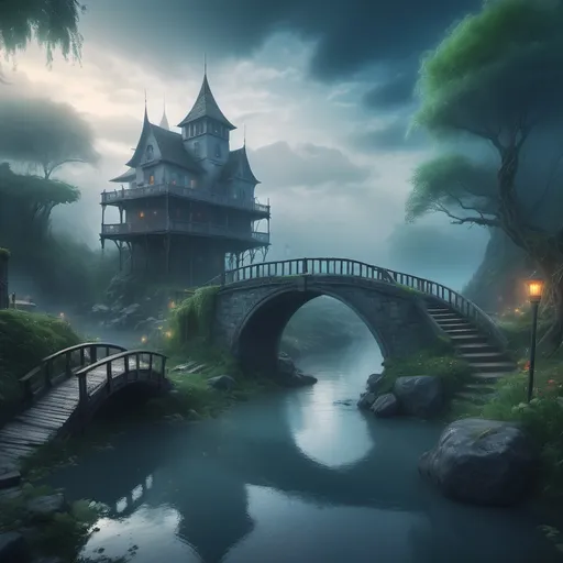 Prompt: small settlement, foggy, bridge and river, dramatic fantasy settlement scene, cinematic lighting