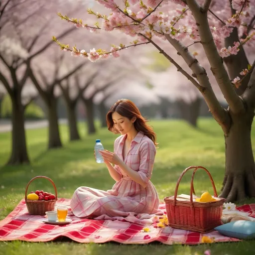 Prompt: Underneath the delicate pink canopy of a cherry blossom tree, a woman is arranging a picnic on a vibrant yellow and red checkered blanket. The gentle breeze causes a few cherry blossoms to drift down, adding a soft, floral touch to the scene. The woman, dressed in a casual, light-colored dress, carefully places a wicker basket filled with fresh fruit, sandwiches, and a bottle of sparkling water on the blanket. Nearby, a couple of colorful cushions and a thermos of tea complete the setup. The ground is speckled with fallen petals, and the air is filled with the sweet scent of blooming flowers. The sun filters through the branches, casting a warm, dappled light over the picturesque setting.