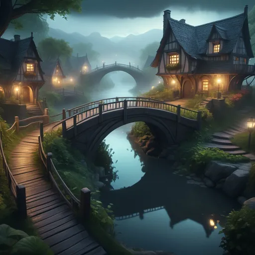 Prompt: small settlement, foggy, bridge and river, dramatic fantasy settlement scene, cinematic lighting