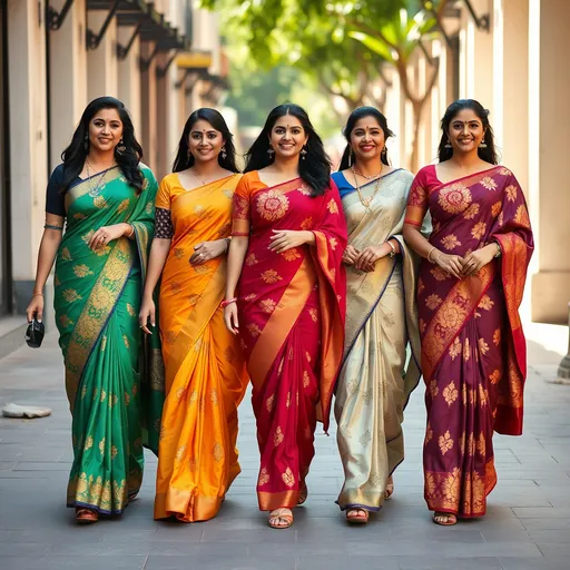 Prompt: (5 full body happy modern stylish curvy south Indian women) (different colour dress) inspired by south Indian saree, intricate golden small wine floral pattern designed, silk garments, Walking down the street. Detailed clothing, photorealistic, crisp quality image