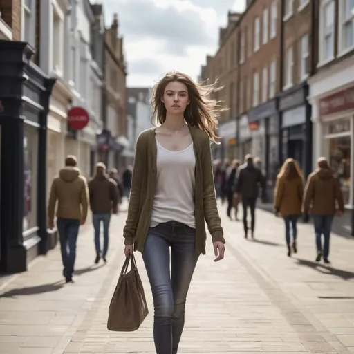 Prompt: Tall young woman walking down the high street, detailed clothing, realistic, natural lighting