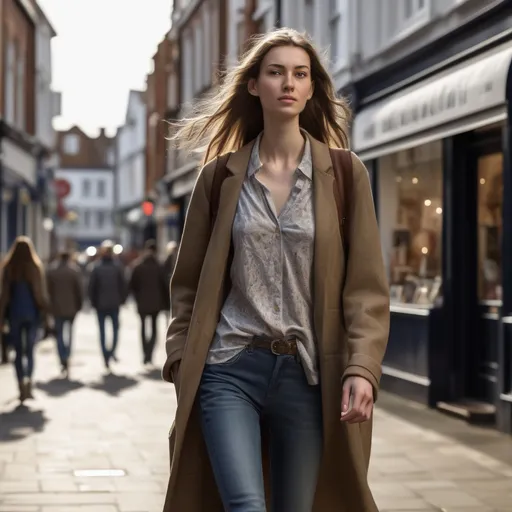 Prompt: Tall young woman walking down the high street, detailed clothing, realistic, natural lighting