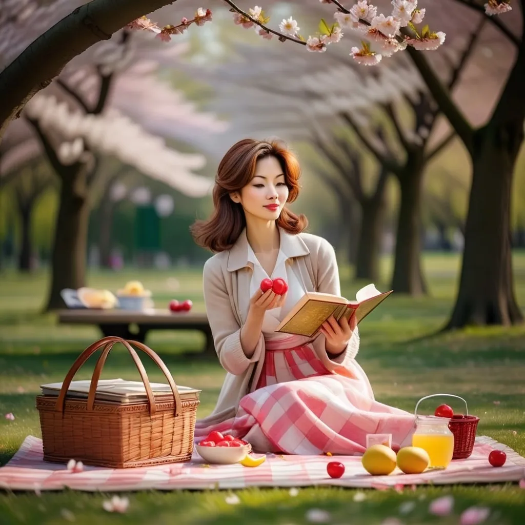 Prompt: In a serene park under a cherry blossom tree in full bloom, a woman is arranging a picnic on a yellow checkered blanket with red accents. The pink petals from the cherry blossoms gently fall around her, creating a soft, picturesque scene. The woman is dressed casually in a light, flowy dress, her hair gently tousled by a mild breeze. On the blanket, there are baskets of fresh fruit, a bottle of sparkling lemonade, and some open books. The background shows a few distant figures strolling and the sky is clear with the sun casting a warm, golden light over the tranquil setting.