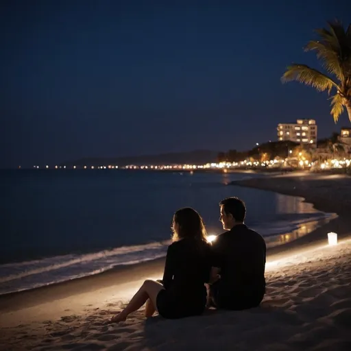 Prompt: Couple sitting near beach on night