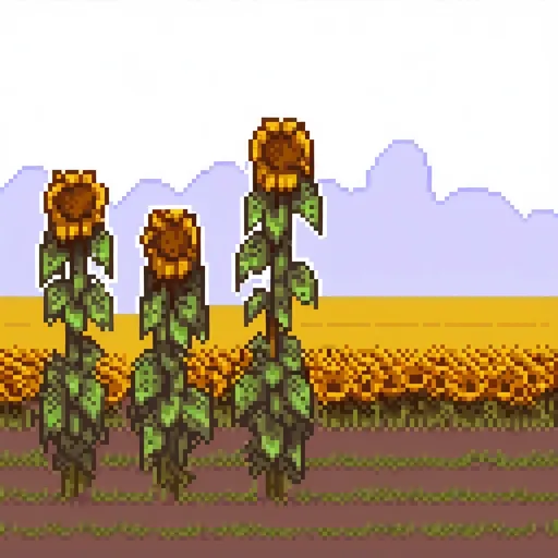Prompt: field of dead sunflowers drooping and dead flat shading, minimalist, silhouette