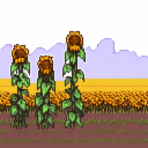 Prompt: field of dead sunflowers drooping and dead flat shading, minimalist, silhouette