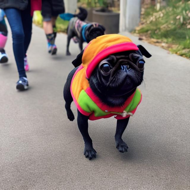 Prompt: A black pug walking to school with friends, dressed in fun clothes.