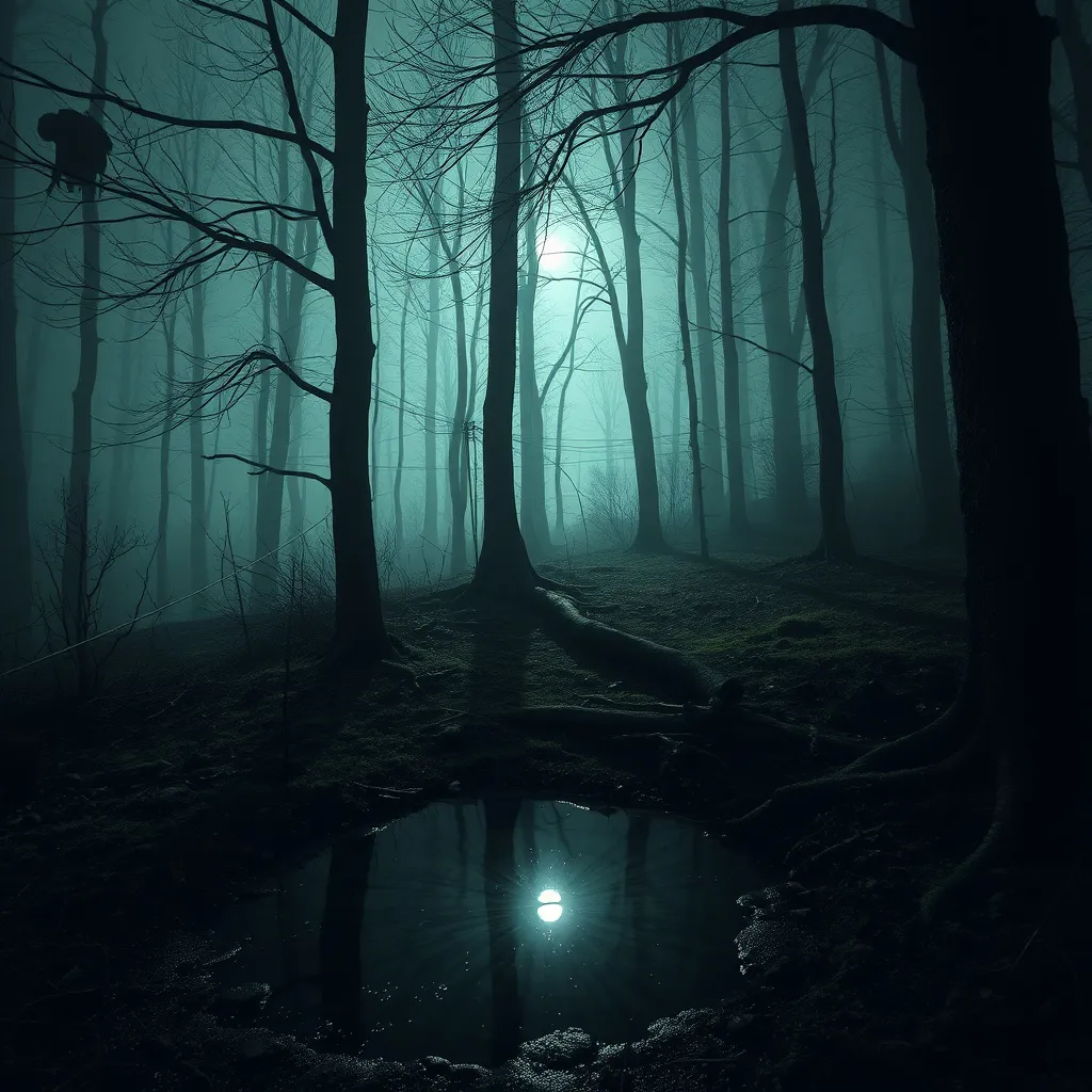 Prompt: Scary forest with a path, snare in tree, water puddle with reflected anomaly, moonlight in fog and shadows.