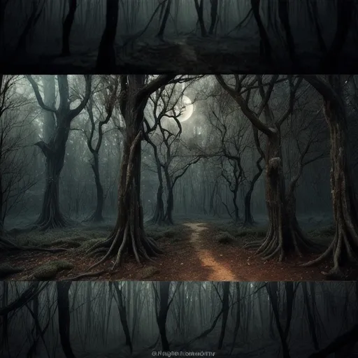 Prompt: Imagine a dense, shadowy forest where the moonlight barely penetrates through the thick canopy of twisted, gnarled trees at midnight. The trees themselves are ancient.

In the distance, the forest seems to stretch on endlessly, with no clear path in sight, enhancing the sense of being lost and disoriented. The overall color palette should be dark and muted, with deep greens, browns, and grays dominating the scene. 
