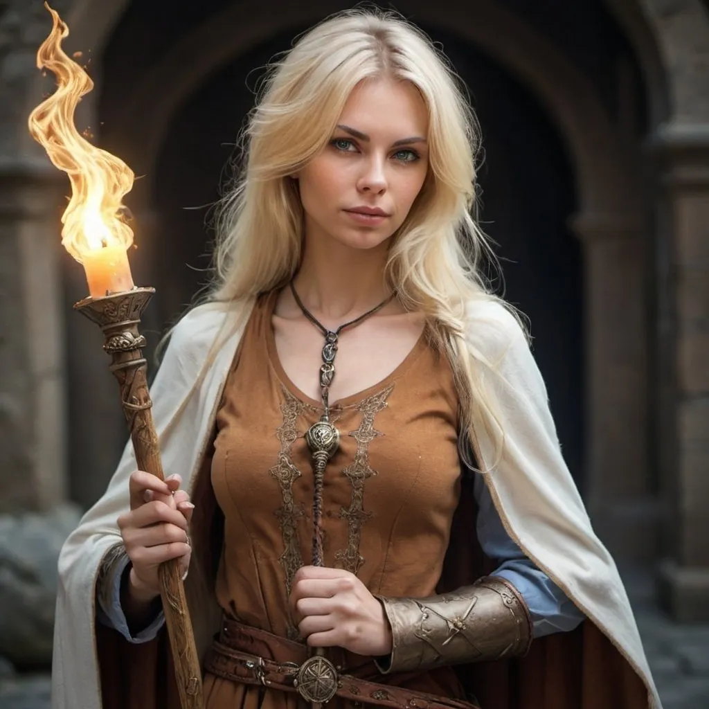 Prompt: femal blond mage medieval with great 
staff