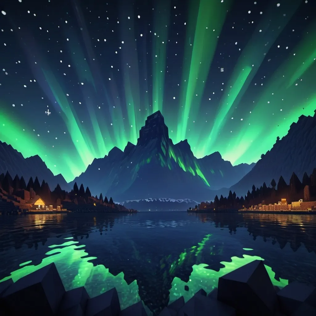 Prompt: Starry night with northern lights over silhouettes of mountains, minecraft style