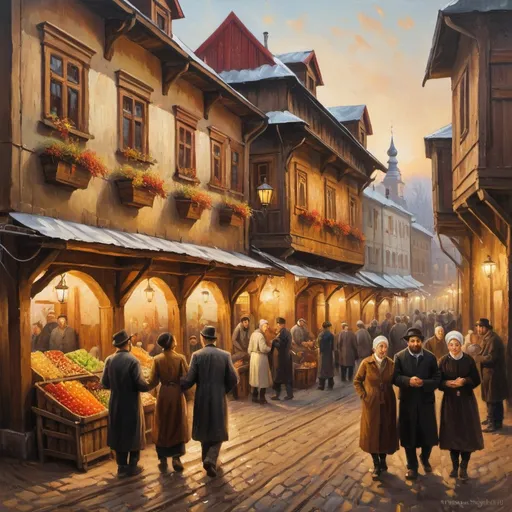 Prompt: Jewish shtetl in Eastern Europe, oil painting, traditional wooden architecture, bustling market scene, nostalgic and warm, detailed brushwork, vibrant colors, warm lighting, folkloric, high quality, nostalgic, traditional, vibrant colors, bustling market, detailed brushwork, warm lighting, oil painting, traditional architecture