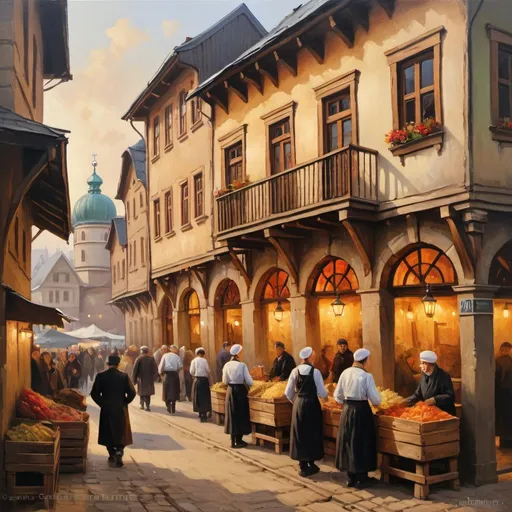 Prompt: Jewish shtetl in Eastern Europe, oil painting, traditional wooden architecture, bustling market scene, nostalgic and warm, detailed brushwork, vibrant colors, warm lighting, folkloric, high quality, nostalgic, traditional, vibrant colors, bustling market, detailed brushwork, warm lighting, oil painting, traditional architecture